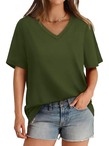 2026 Women's Solid Color V-Neck Loose Short Sleeve T-Shirt Top