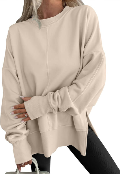 Womens Oversized Thumbhole Long Sleeve Side Slit Pullover Top