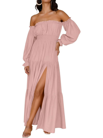 Women's  Boho Off Shoulder Long Sleeve Side Split Flowy A Line  Long Maxi Dress