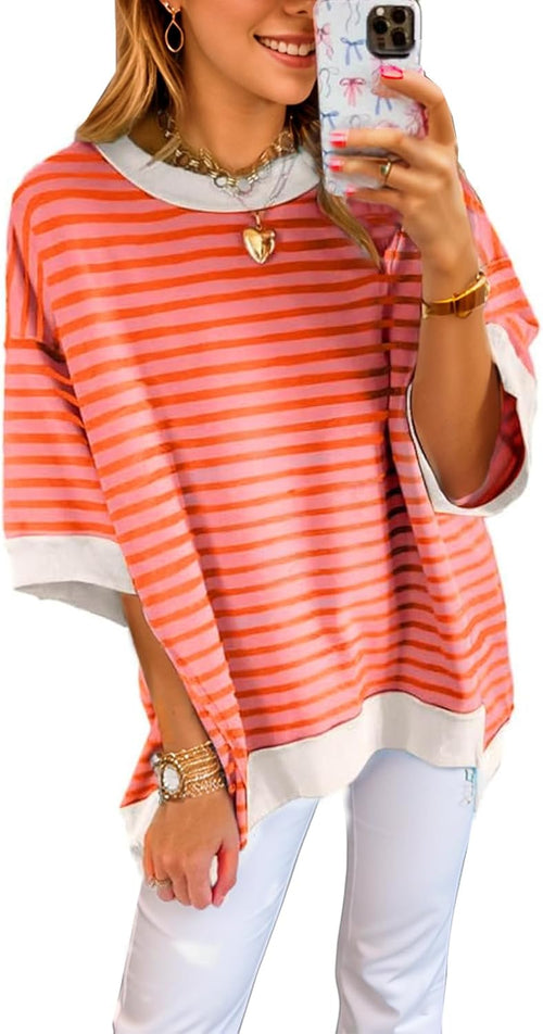 Womens Oversized Striped Color Block Casual Half Sleeve Tops