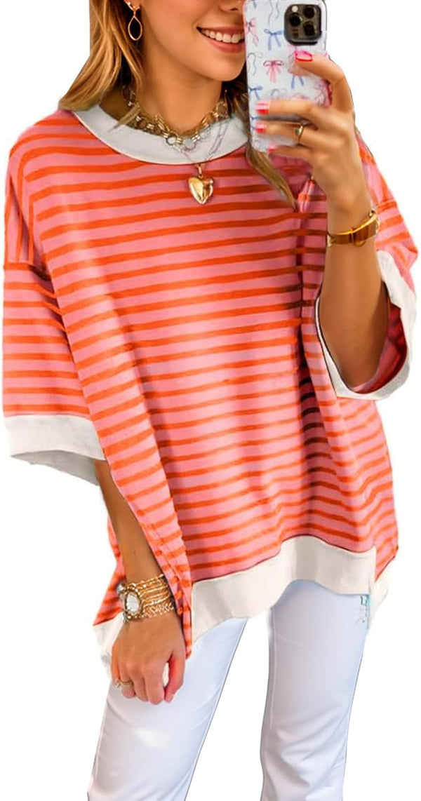 Womens Oversized Striped Color Block Casual Half Sleeve Tops