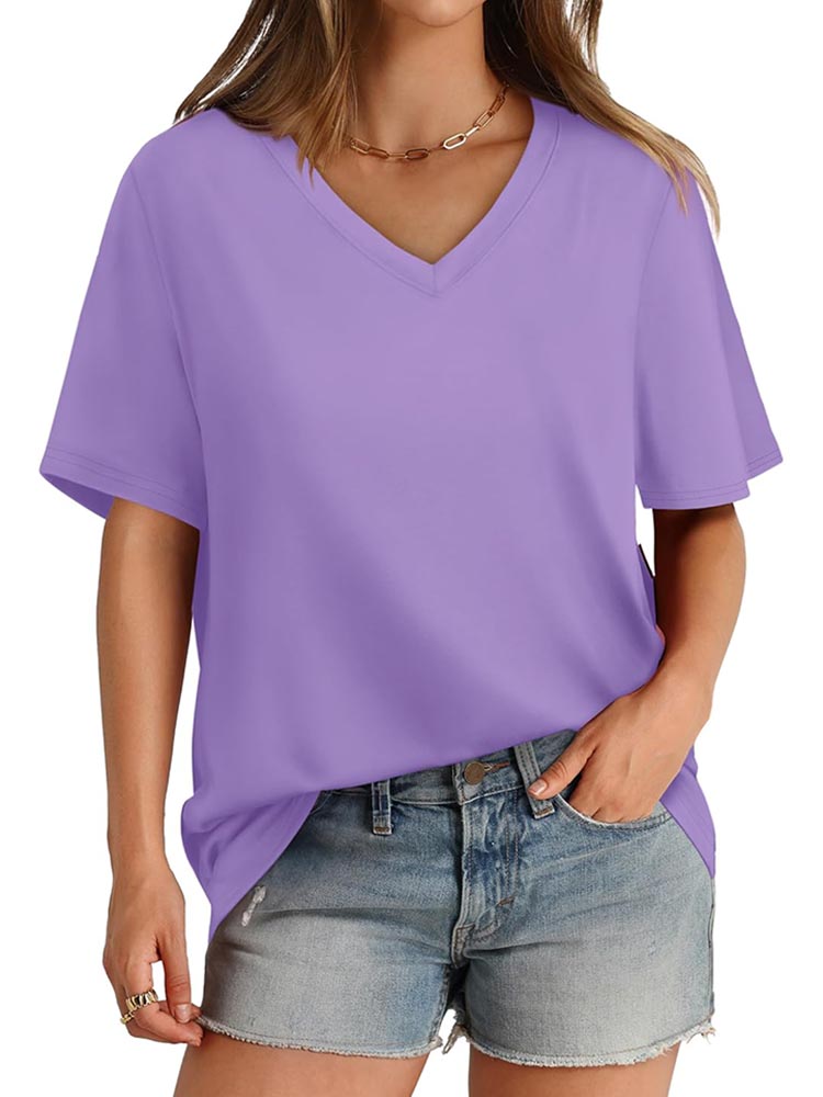 2026 Women's Solid Color V-Neck Loose Short Sleeve T-Shirt Top