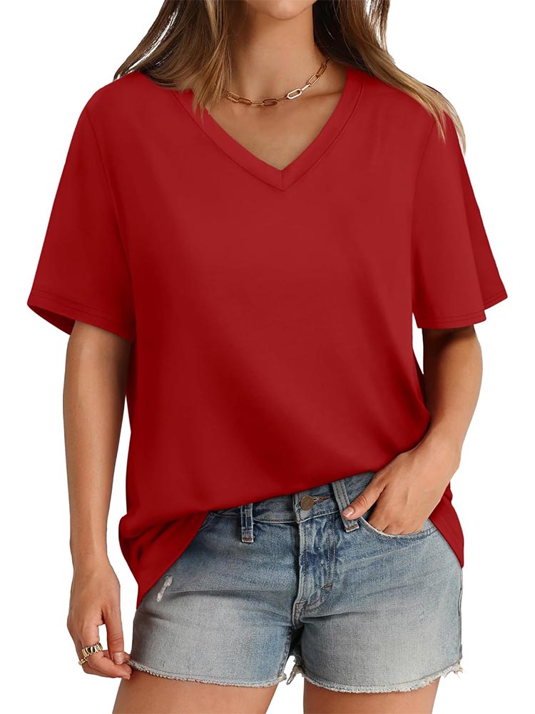 2026 Women's Solid Color V-Neck Loose Short Sleeve T-Shirt Top