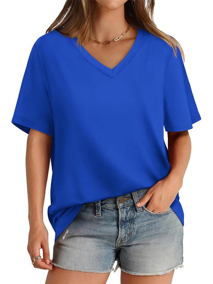 2026 Women's Solid Color V-Neck Loose Short Sleeve T-Shirt Top