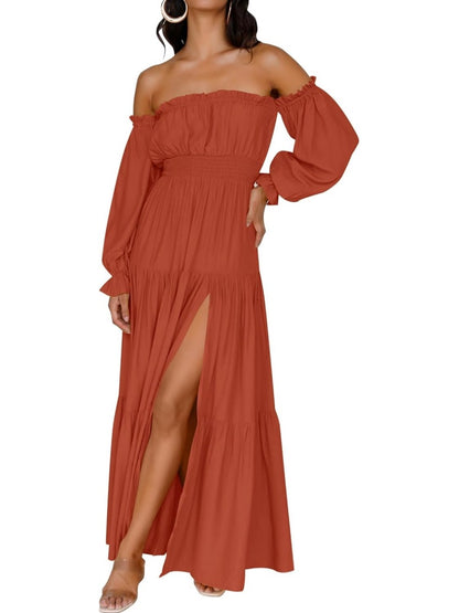 Women's  Boho Off Shoulder Long Sleeve Side Split Flowy A Line  Long Maxi Dress