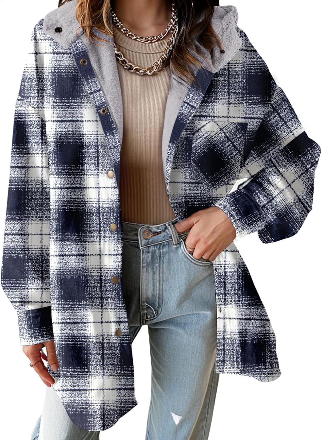 🔥Women's Flannel Hooded Plaid Shacket Thick Coat Fuzzy Fleece Jacket