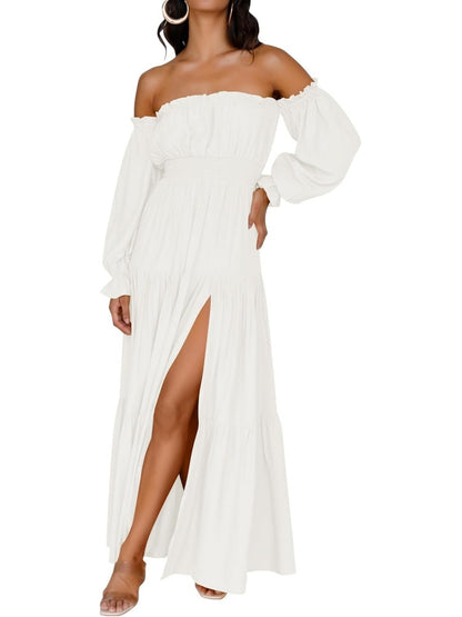 Women's  Boho Off Shoulder Long Sleeve Side Split Flowy A Line  Long Maxi Dress