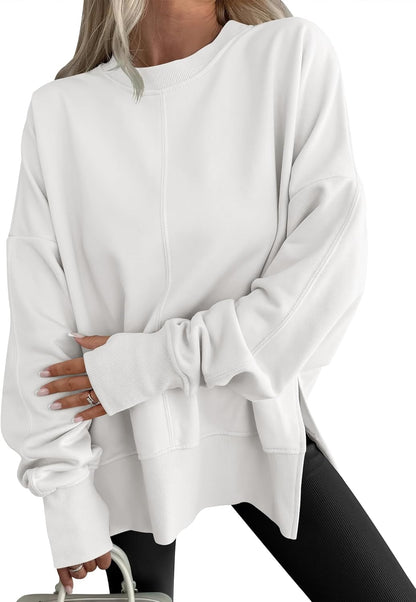 Womens Oversized Thumbhole Long Sleeve Side Slit Pullover Top