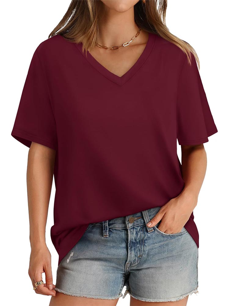 2026 Women's Solid Color V-Neck Loose Short Sleeve T-Shirt Top