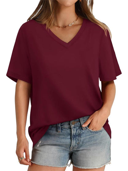 2026 Women's Solid Color V-Neck Loose Short Sleeve T-Shirt Top