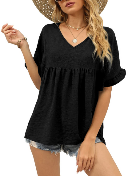 Womens Casual V Neck Ruffle Sleeve T Shirts Babydoll Loose Fit Peplum Tops