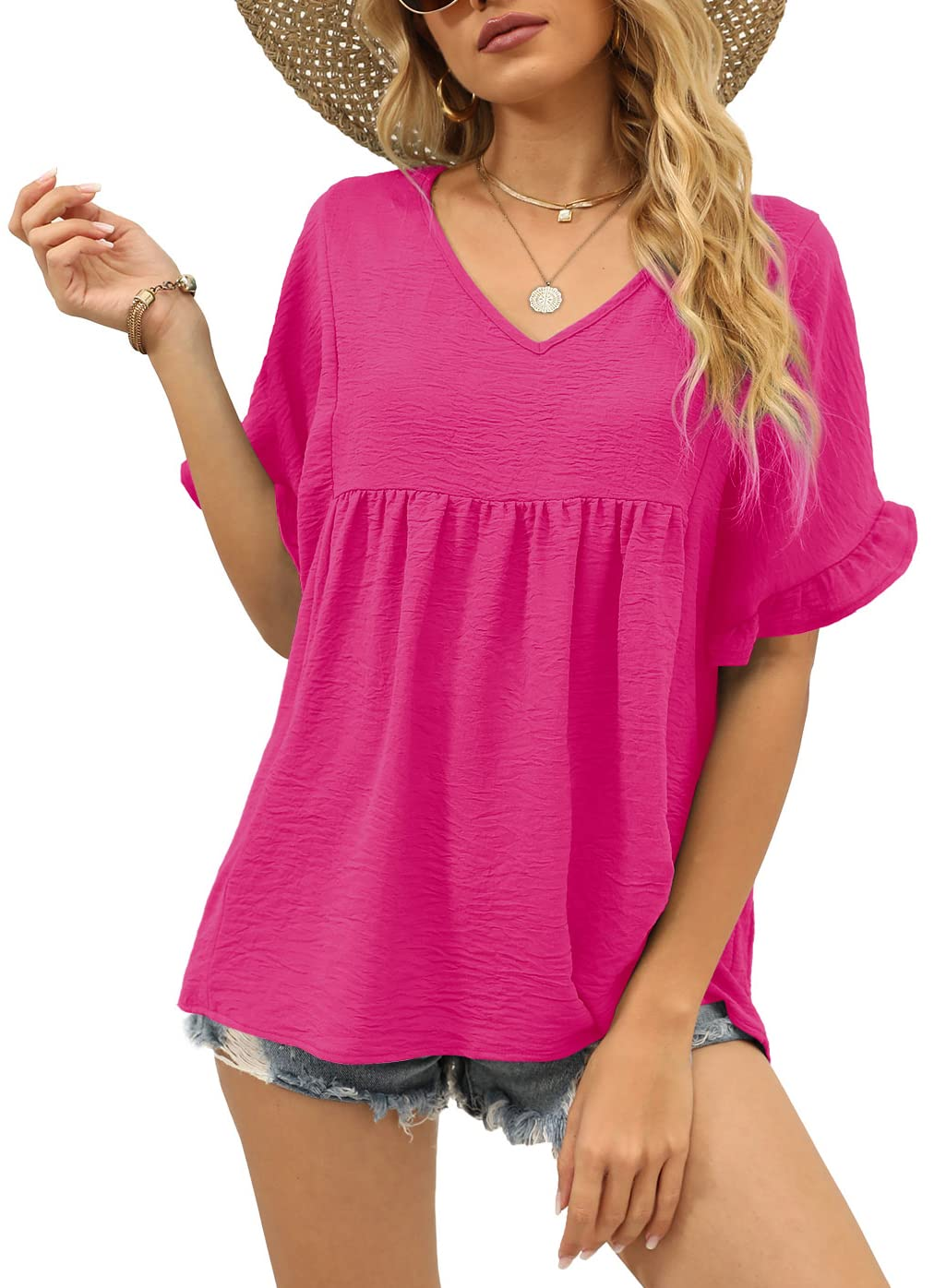 Womens Casual V Neck Ruffle Sleeve T Shirts Babydoll Loose Fit Peplum Tops
