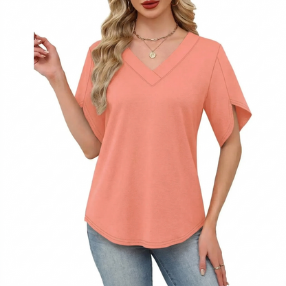 Women's Summer Short Petal Sleeve Fashion V Neck Outfits Tops