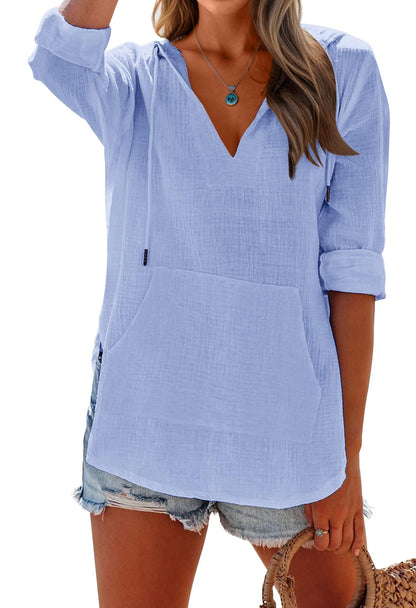 Women's Long Sleeve V Neck Pocketed Hooded Shirt Top(buy 2 free shipping)