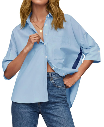 Womens Oversized Button Down Shirts Half Sleeve V Neck Blouses