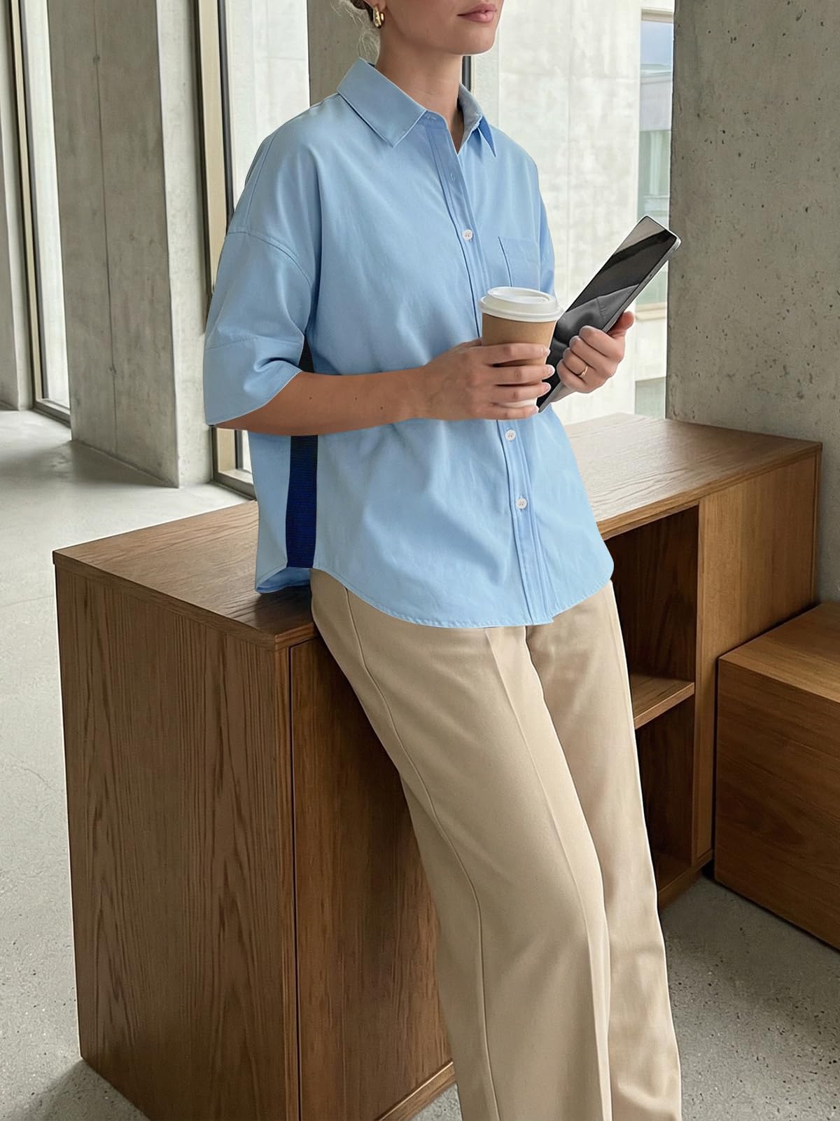 Womens Oversized Button Down Shirts Half Sleeve V Neck Blouses
