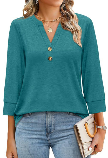 Womens 3/4 Sleeve Heley Button V neck Tops