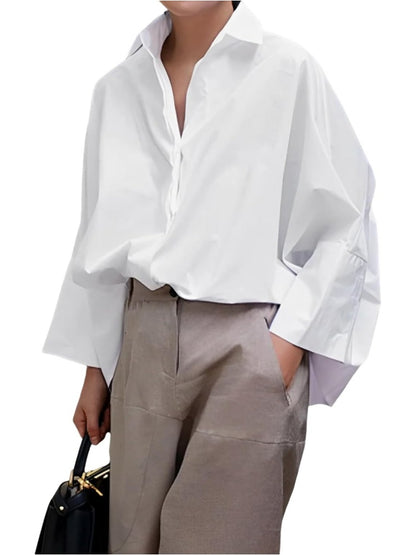 Womens Cotton Casual 3/4 Sleeve Loose Fit Collared Work Blouse Tops