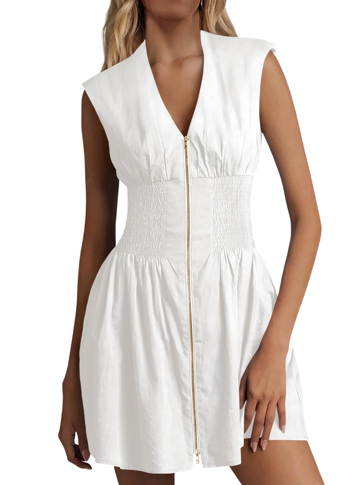 Women's Zip Front V Neck Sleeveless Tank Mini Dress with Pockets