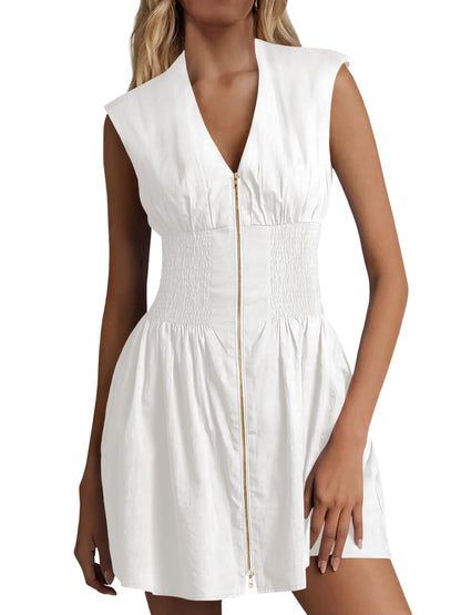 Women's Zip Front V Neck Sleeveless Tank Mini Dress with Pockets