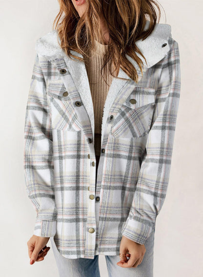 Women's Fall Fuzzy Flannel Long Sleeve Plaid Jacket Coat with Hood