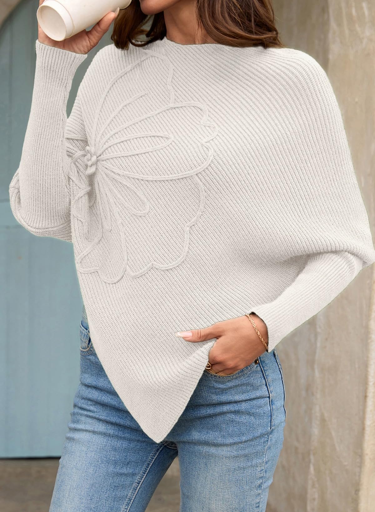 Women's Floral Asymmetrical Knit Poncho Sweater