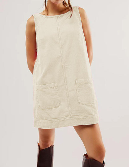 Women's Corduroy Overall Dress Round Neck Wide Strap Mini Dress with Pockets
