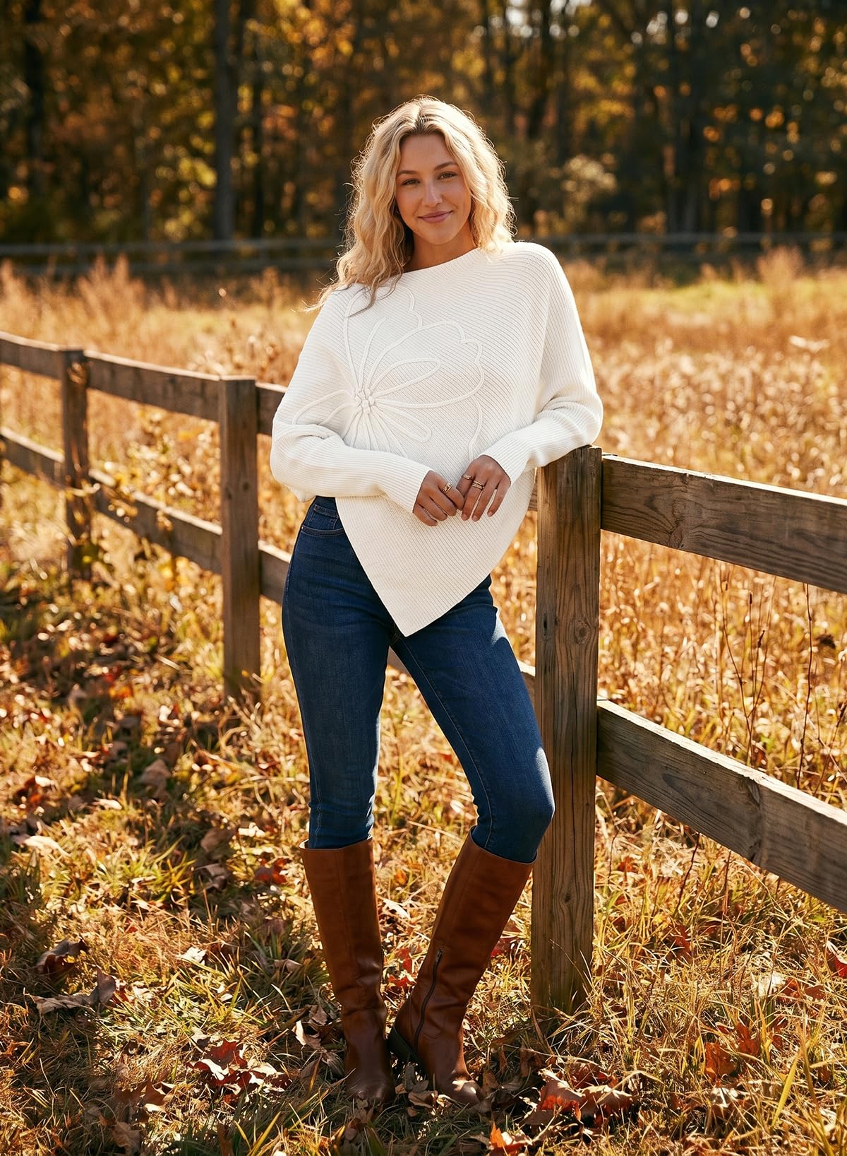 Women's Floral Asymmetrical Knit Poncho Sweater