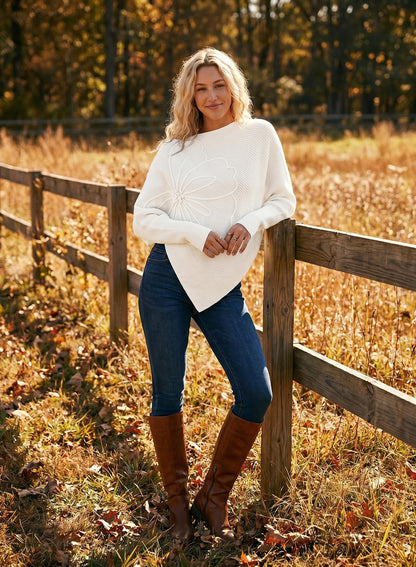 Women's Floral Asymmetrical Knit Poncho Sweater