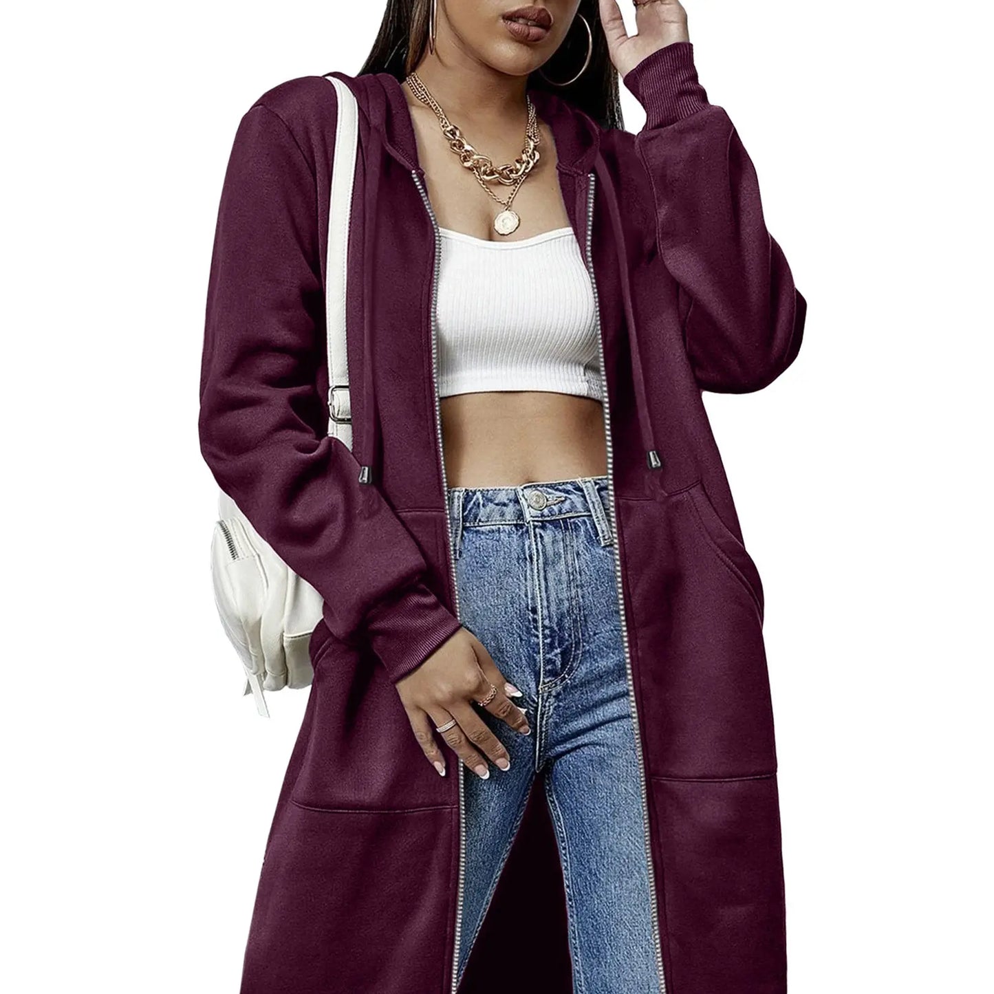 Women Oversized Full Zip Long Length Hooded Jacket with Side Pockets