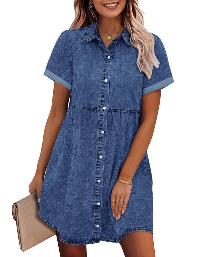 Women's Short Sleeve Button Denim Shirt Dress