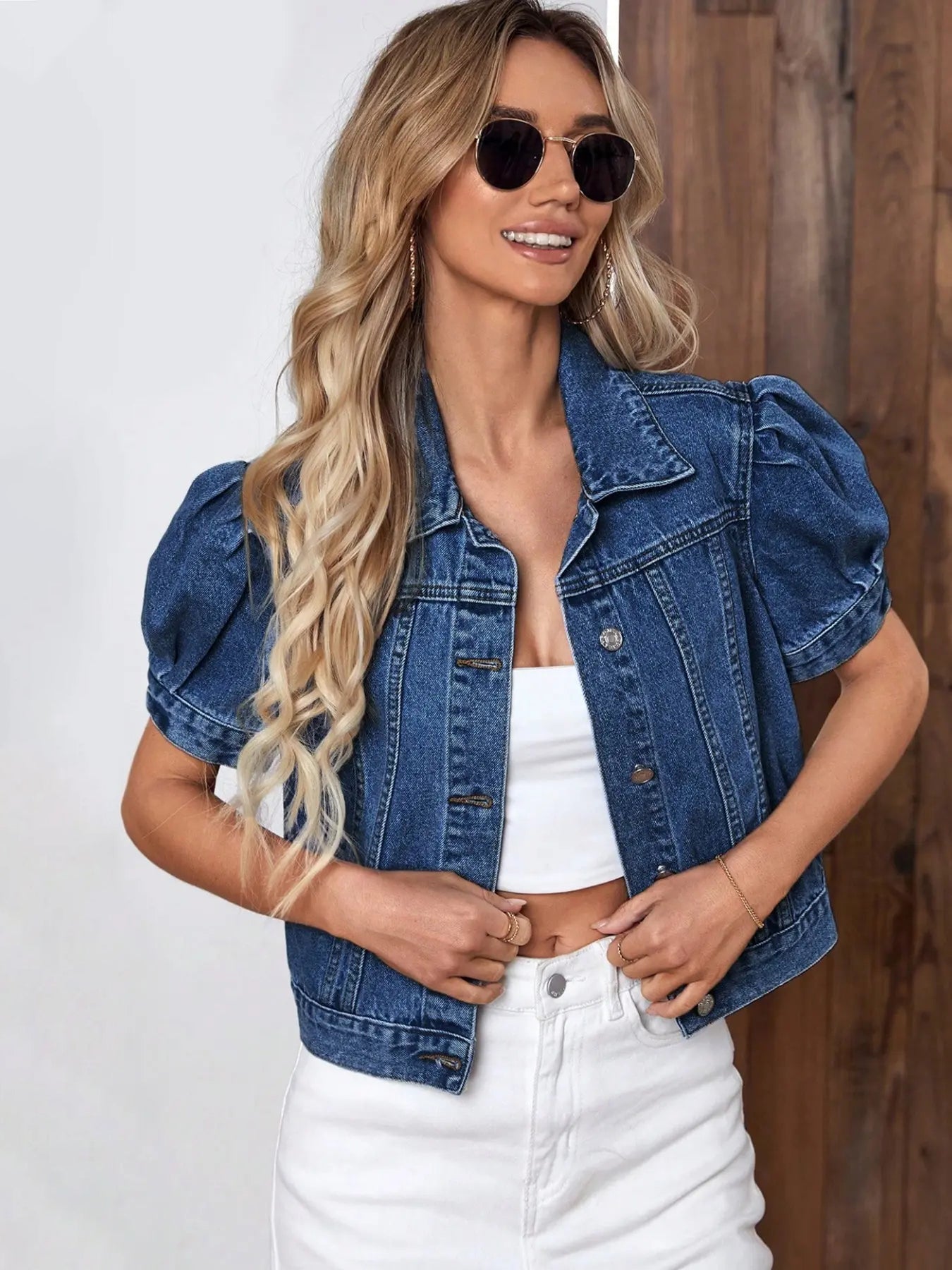 Women's Vintage Bubble Sleeve Fitted Slim Denim Crop Jacket