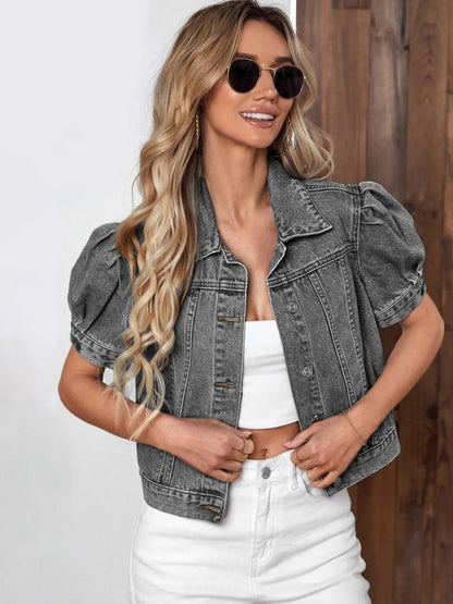 Women's Vintage Bubble Sleeve Fitted Slim Denim Crop Jacket