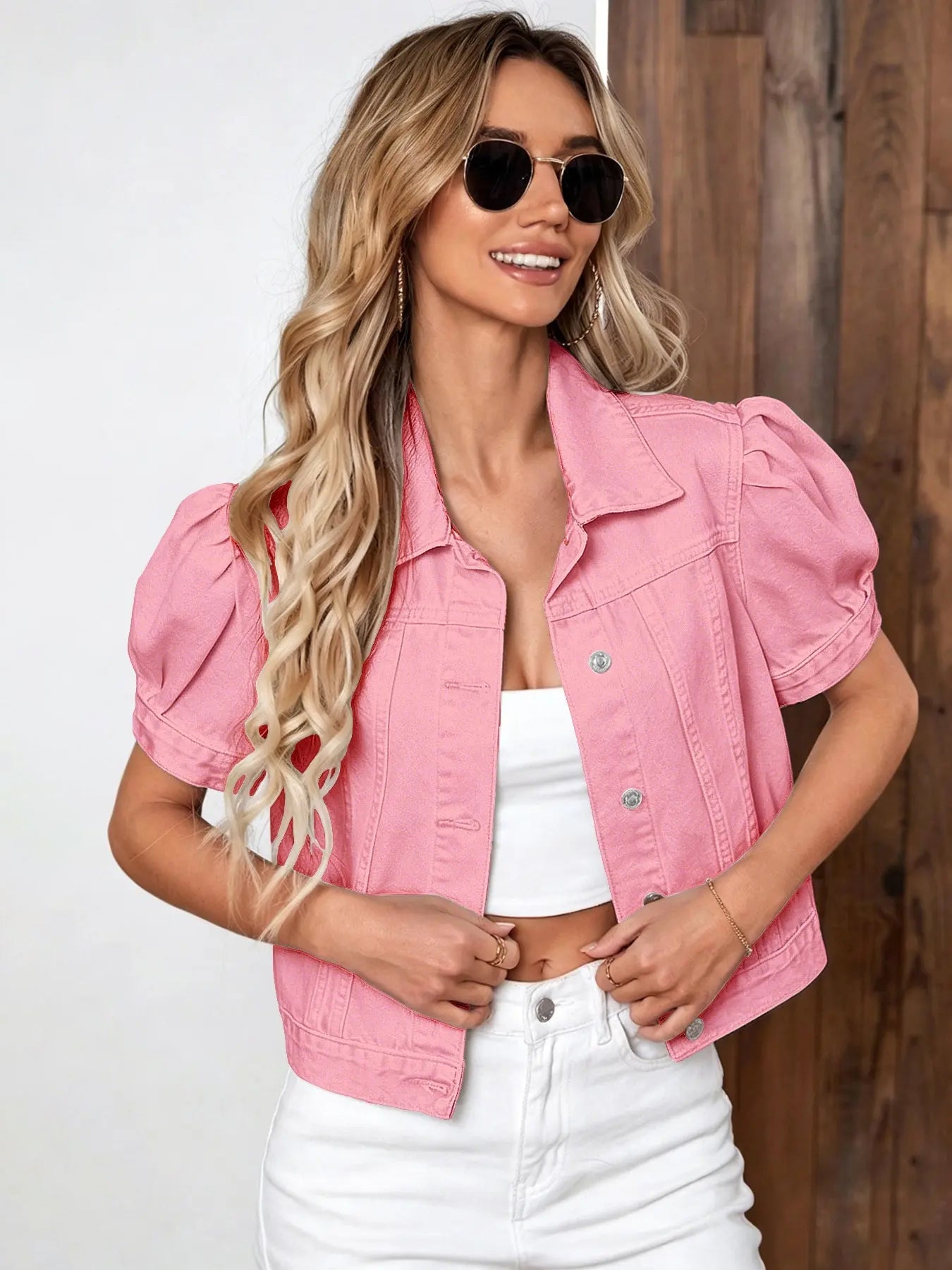 Women's Vintage Bubble Sleeve Fitted Slim Denim Crop Jacket