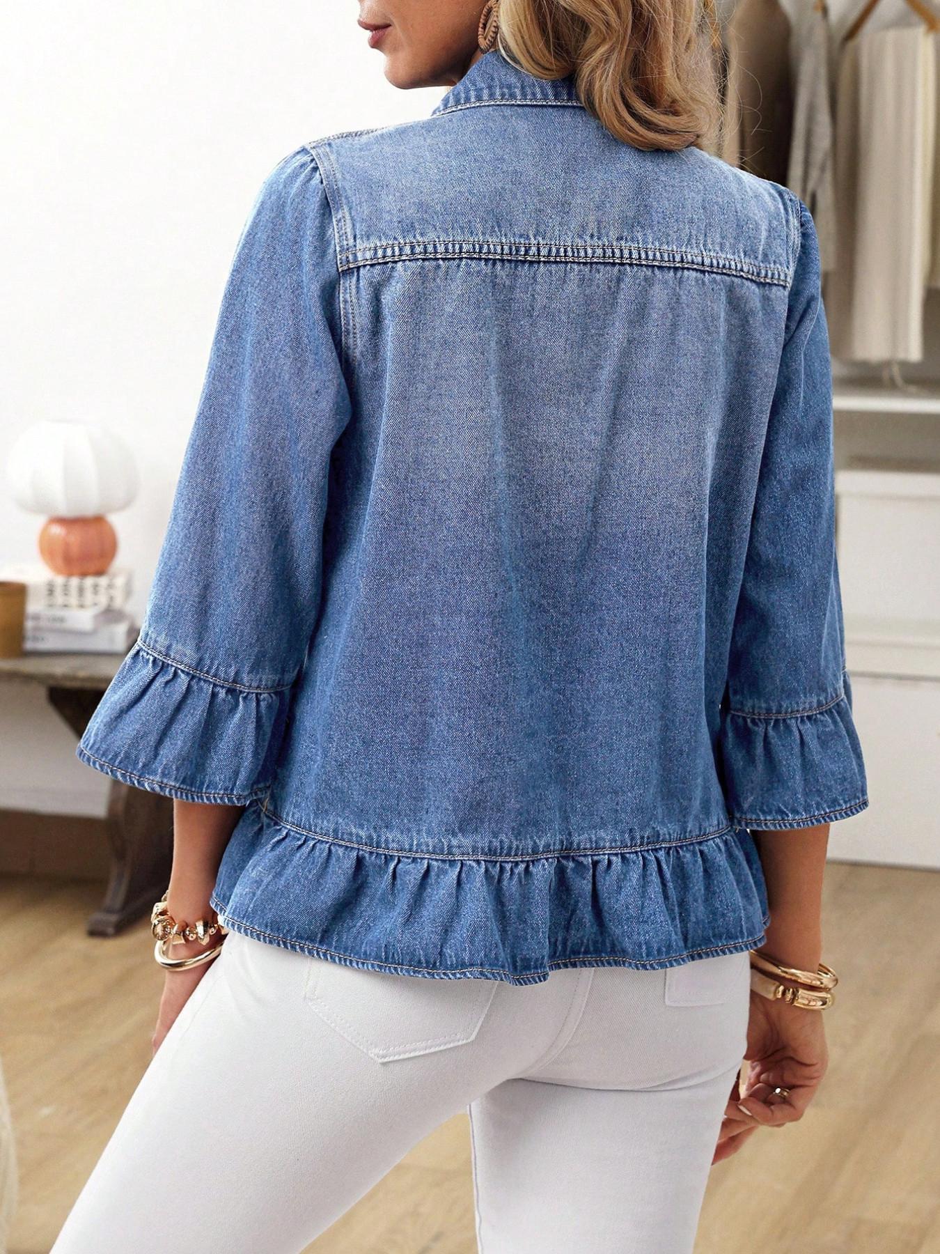 Women's Lightweight Vintage 3/4 Sleeve Ruffle Washed Denim Jacket