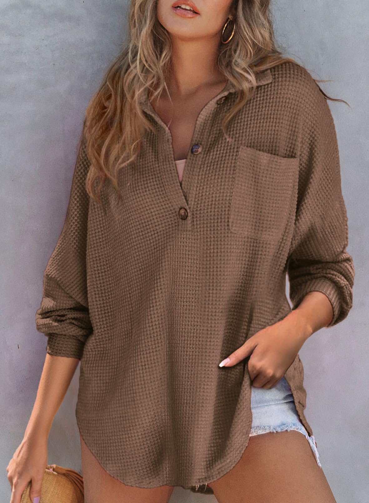 Women's Waffle Knit Henley Button Shirt Jacket(BUY 2 FREE SHIPPING)