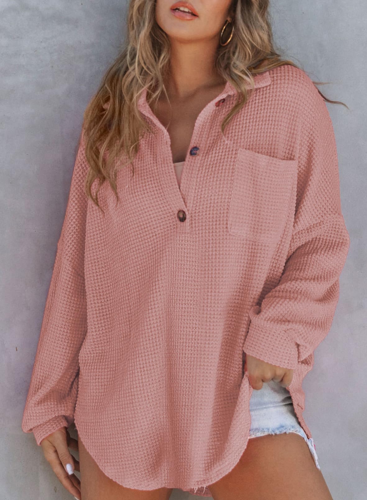 Women's Waffle Knit Henley Button Shirt Jacket(BUY 2 FREE SHIPPING)