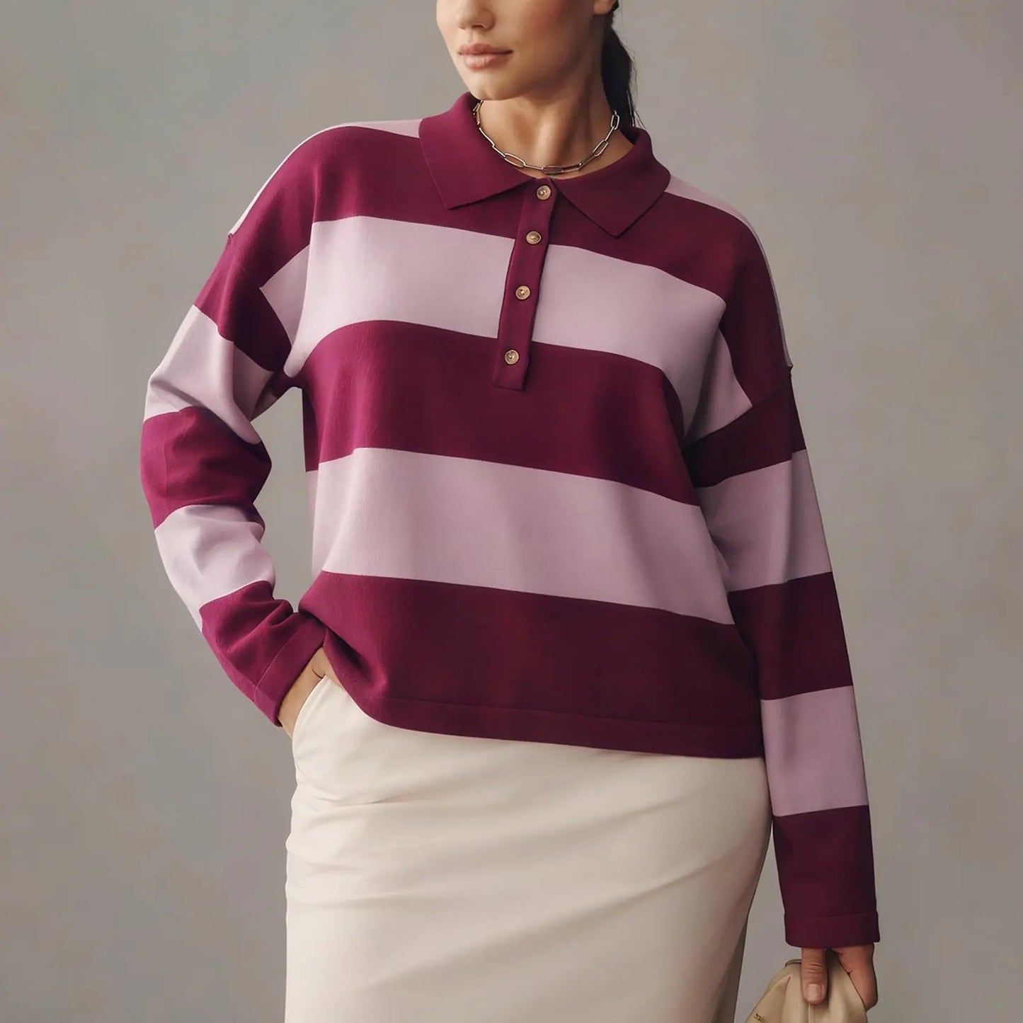 Women Long Sleeve Knit Striped Collared Sweaters Pullover