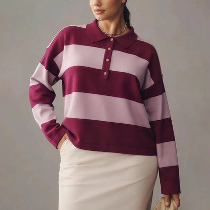 Women Long Sleeve Knit Striped Collared Sweaters Pullover