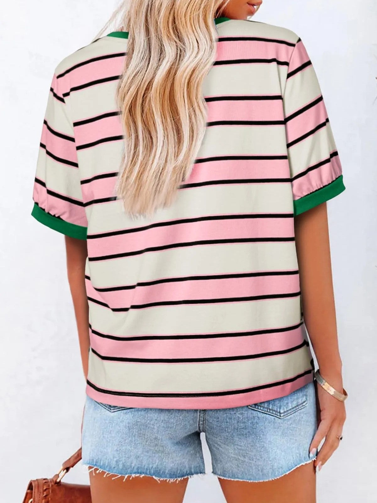 Women's Striped Color Block Short Sleeve T-Shirts Casual Loose Basic Tee