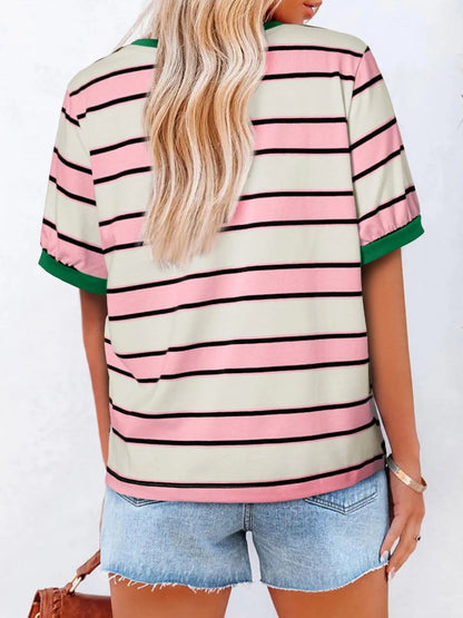 Women's Striped Color Block Short Sleeve T-Shirts Casual Loose Basic Tee