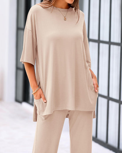 Casual 2-Piece Loose-Fit Short Sleeve Top & Wide-Leg Pants Set with Pockets (buy 2 free shipping!!!)