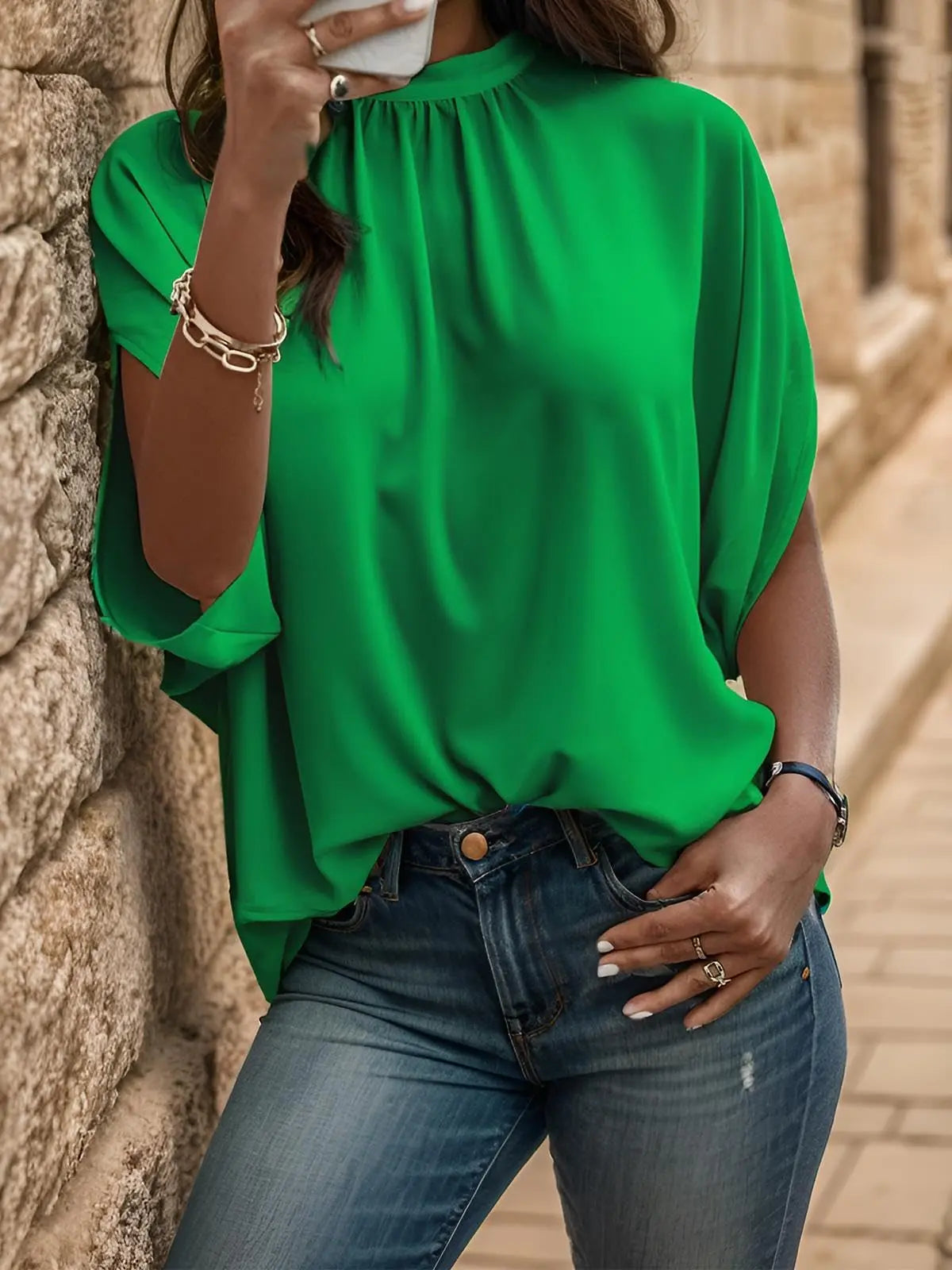 Womens Mock Neck Batwing Sleeve Tops Loose Fit Tie Back Tunic Tops