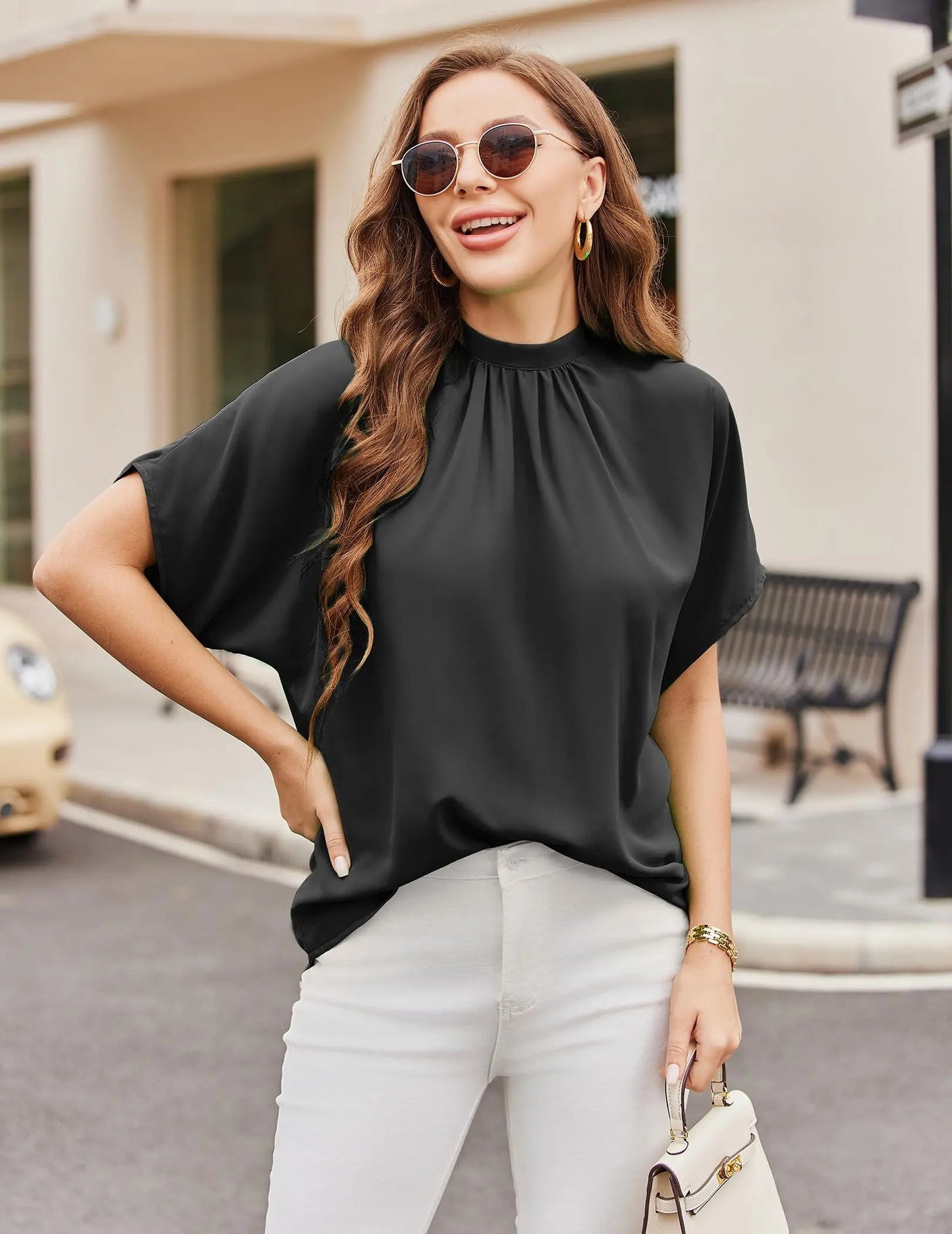 Womens Mock Neck Batwing Sleeve Tops Loose Fit Tie Back Tunic Tops