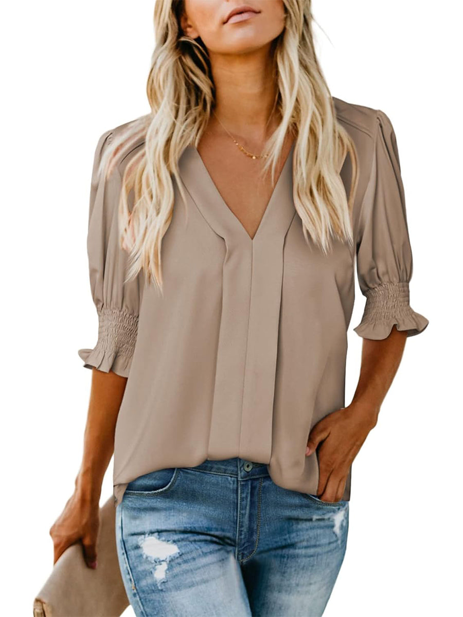 Women's V Neck Dressy Puff Ruffle Blouse Casual Short Sleeve Tops