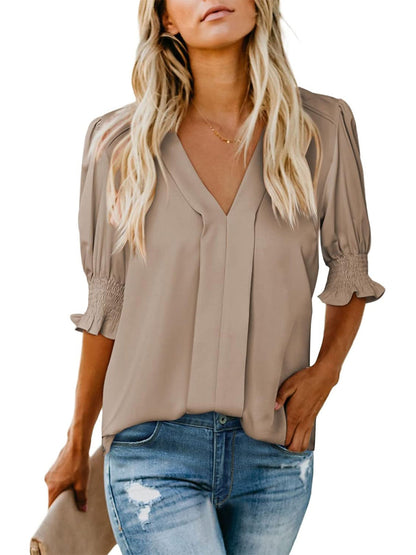 Women's V Neck Dressy Puff Ruffle Blouse Casual Short Sleeve Tops