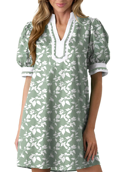 Women's Floral Print V Neck Ricrac Trim Puff Sleeve Dress