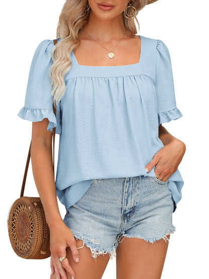 🔥Women's Sqaure Neck Ruffle Sleeve Blouses Peplum Tops