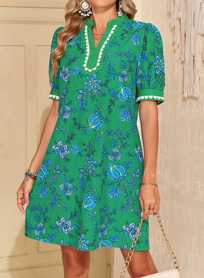 Women's Floral Print V Neck Ricrac Trim Puff Sleeve Dress