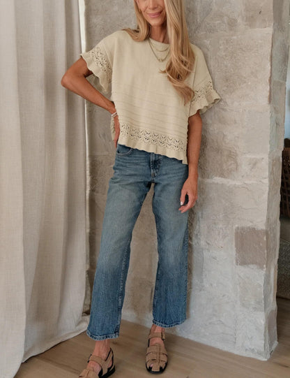 Women's Round Neck Ruffled Hem Knit Pullover Top
